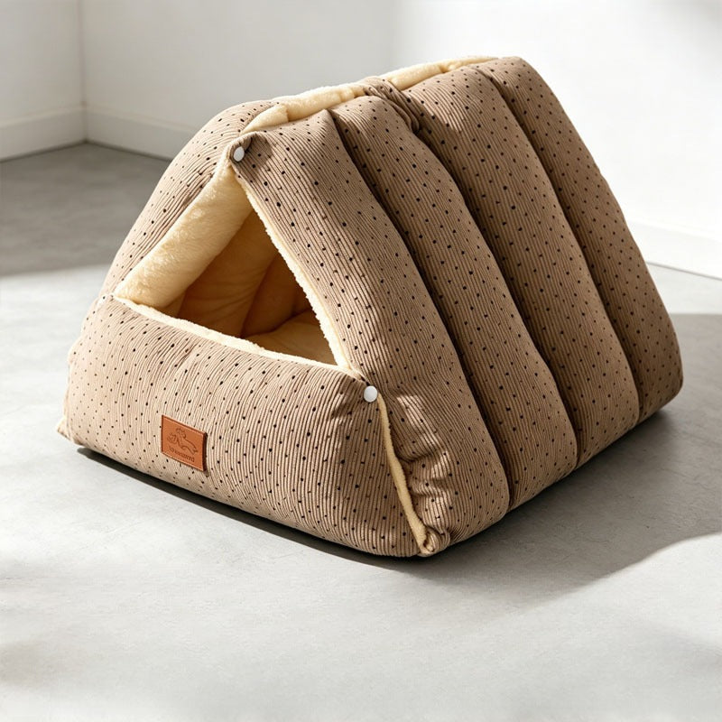 Mocha Polka Dot snap-open cat cave bed