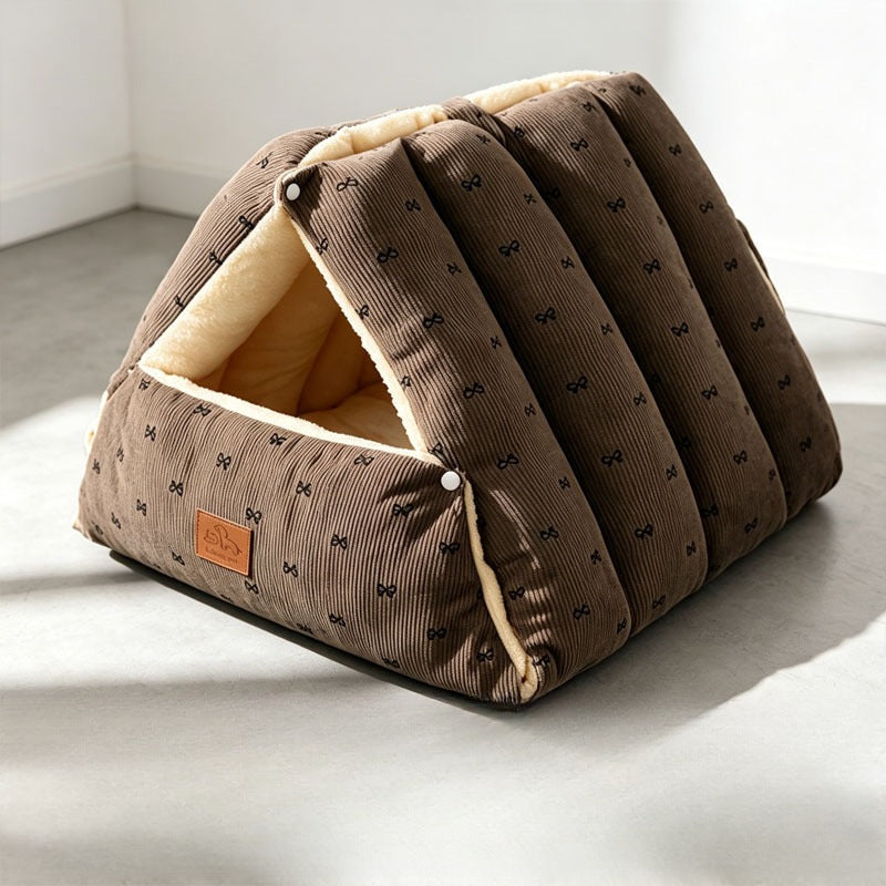 Brown Bow snap-open cat cave bed