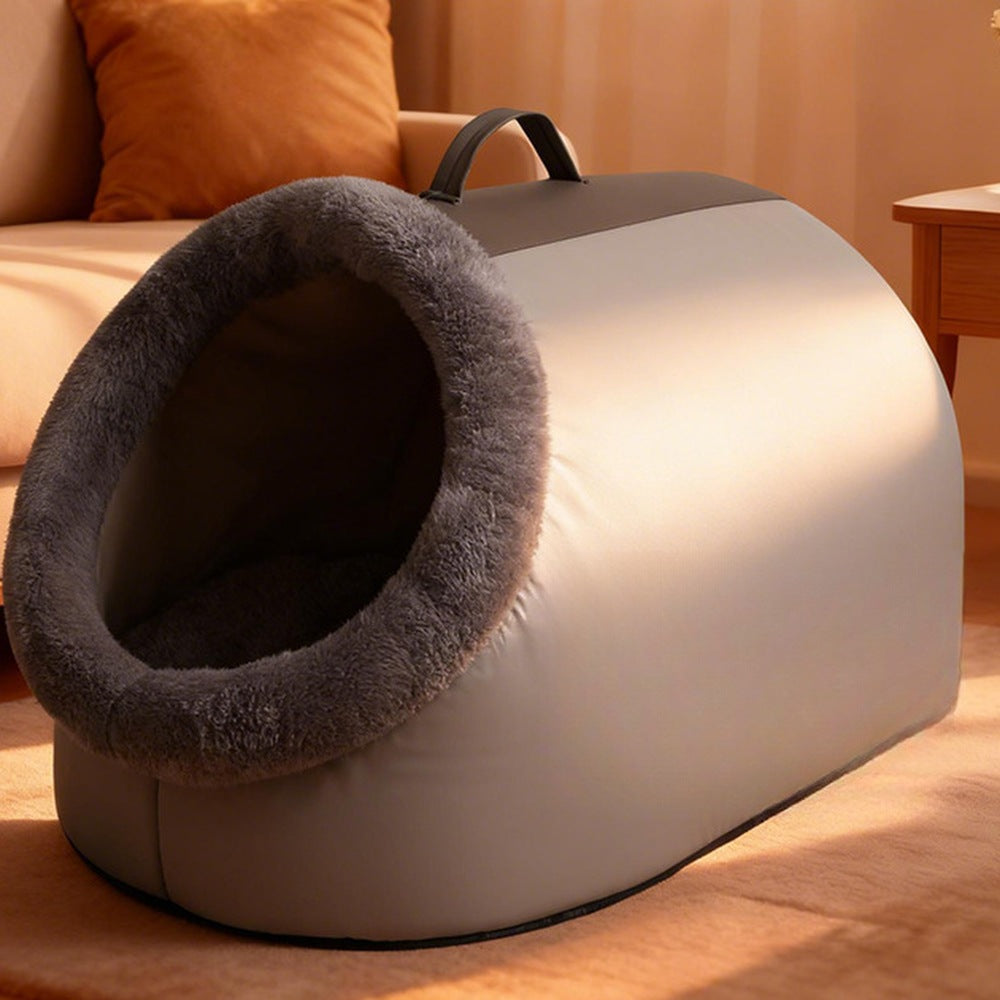 Gray plush cat cave bed with charcoal faux-fur rim
