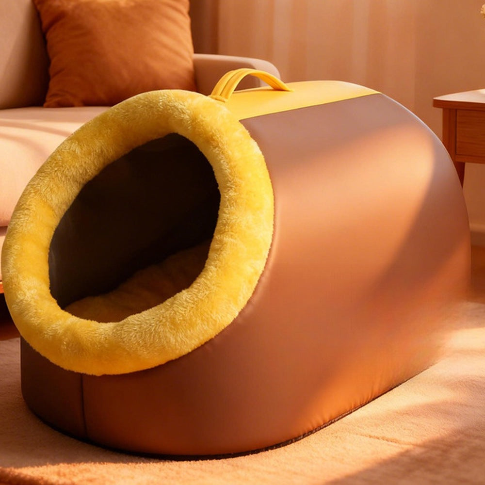 Brown cat cave bed in a living room