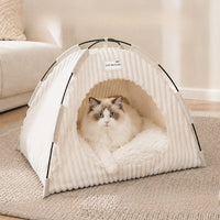 Cream plush cat tent bed with a ragdoll cat inside