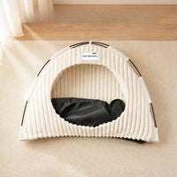 Cream cat tent bed front view with removable cushion