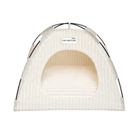 Cream plush cat tent bed on white background