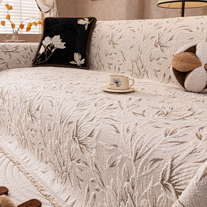 Leaf jacquard cover styled in a living room