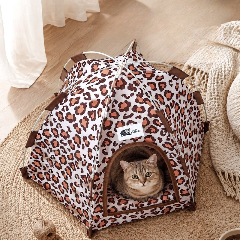 Pop-Up Leopard Spot Cat Tent Bed for Cats & Small Dogs