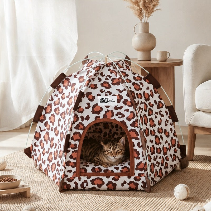 Pop-Up Leopard Spot Cat Tent Bed for Cats & Small Dogs