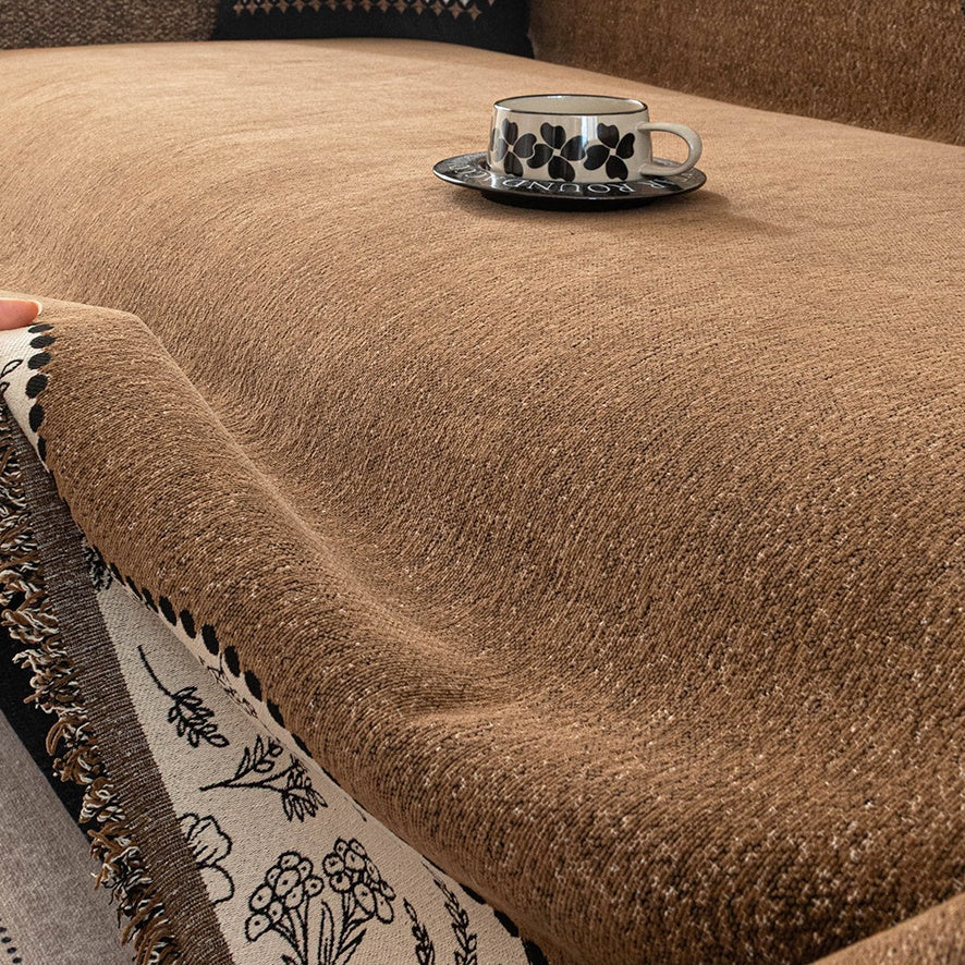 Anti-Scratch Chenille Sofa Cover with Fringed Floral Trim