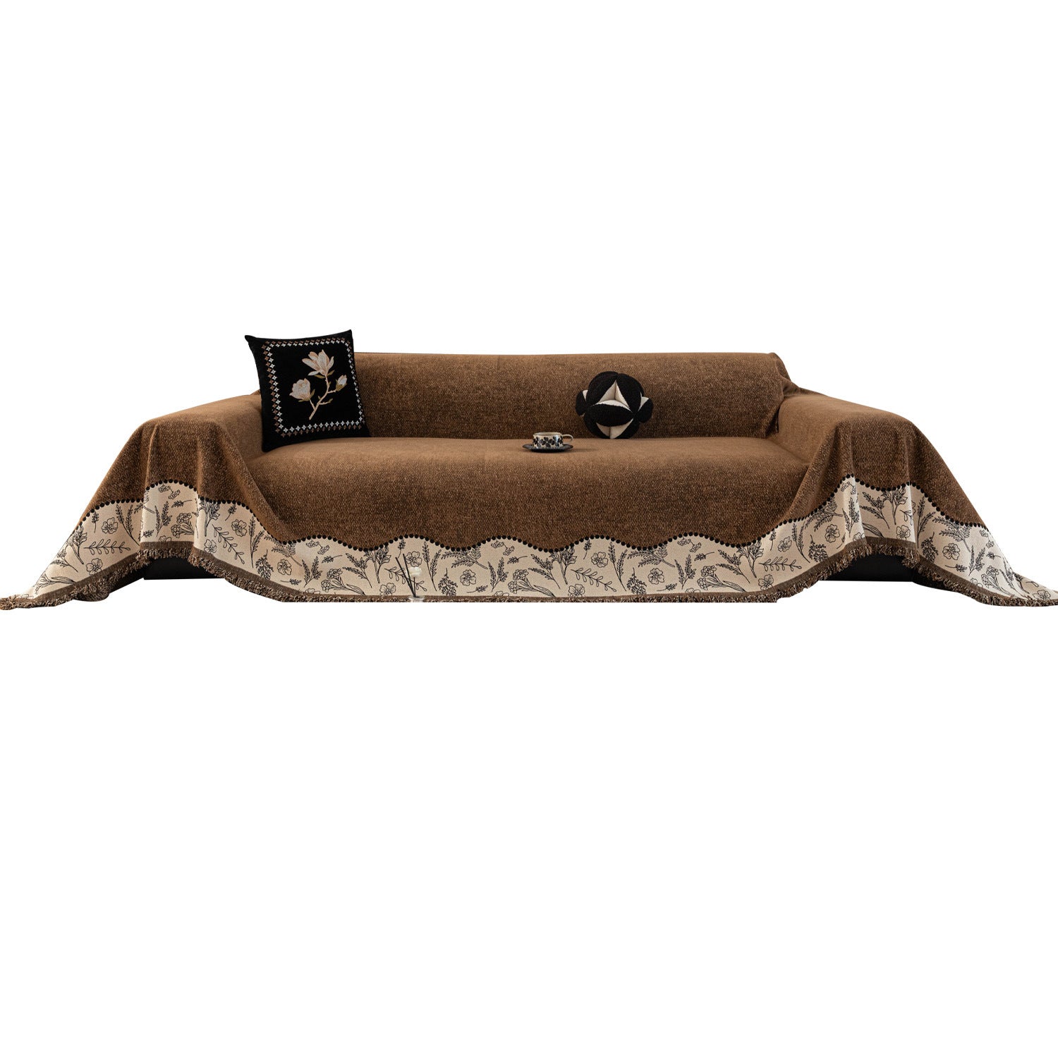 Anti-Scratch Chenille Sofa Cover with Fringed Floral Trim