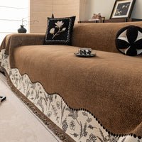 Anti-Scratch Chenille Sofa Cover with Fringed Floral Trim