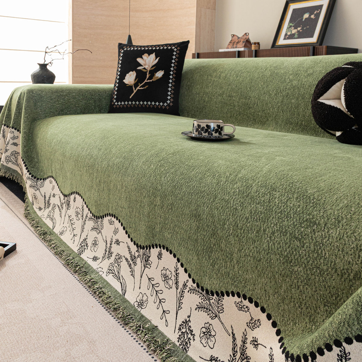 Anti-Scratch Chenille Sofa Cover with Fringed Floral Trim