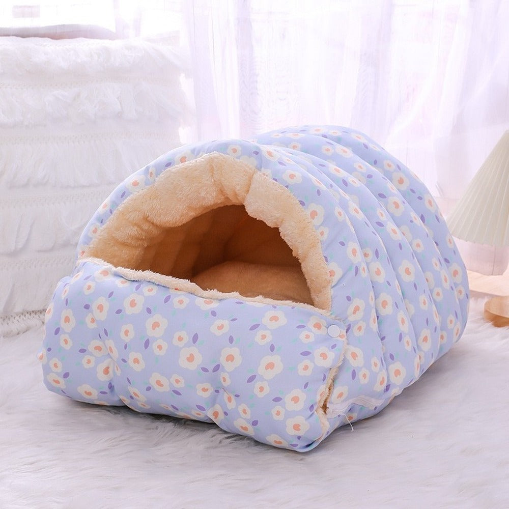 Blue floral snuggle burrow cat bed