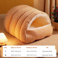 Orange plaid burrow cat bed with sizes
