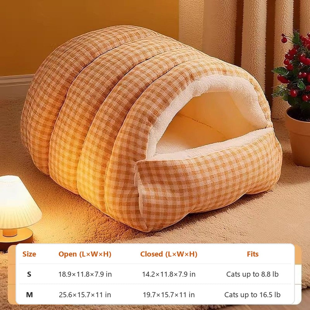 Orange plaid burrow cat bed with sizes