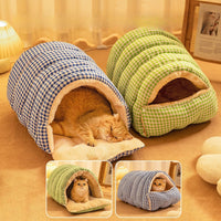 Burrow cat bed in open and closed modes