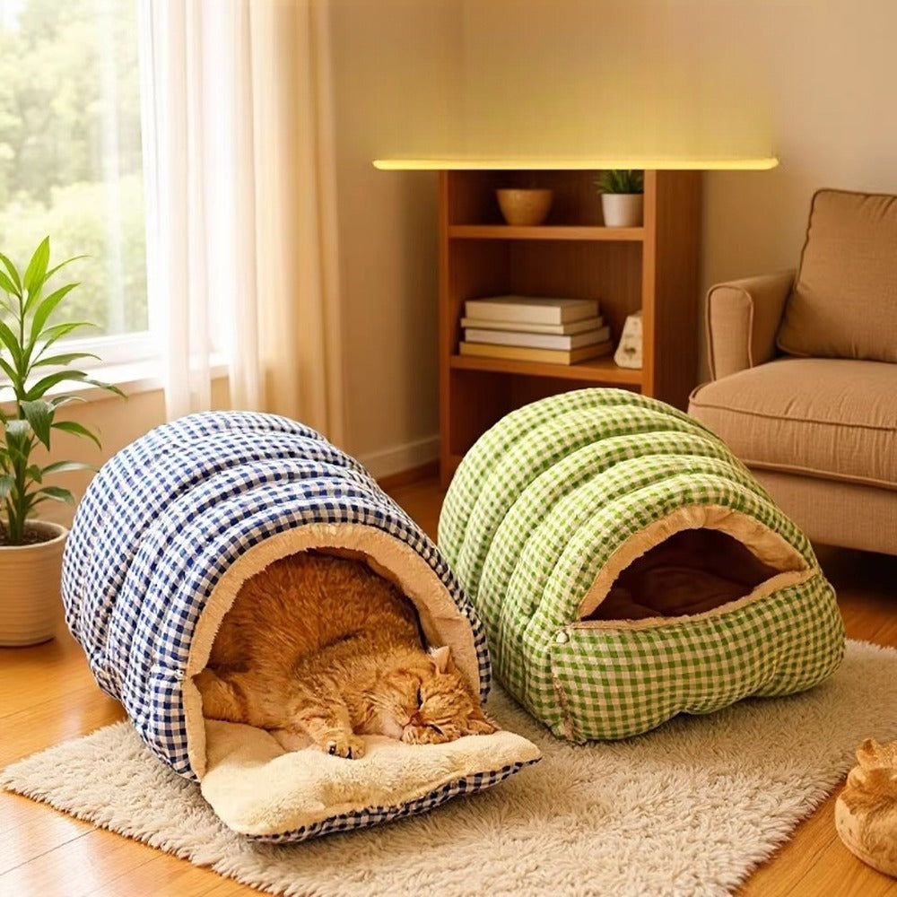 Two plaid cat burrow beds side by side