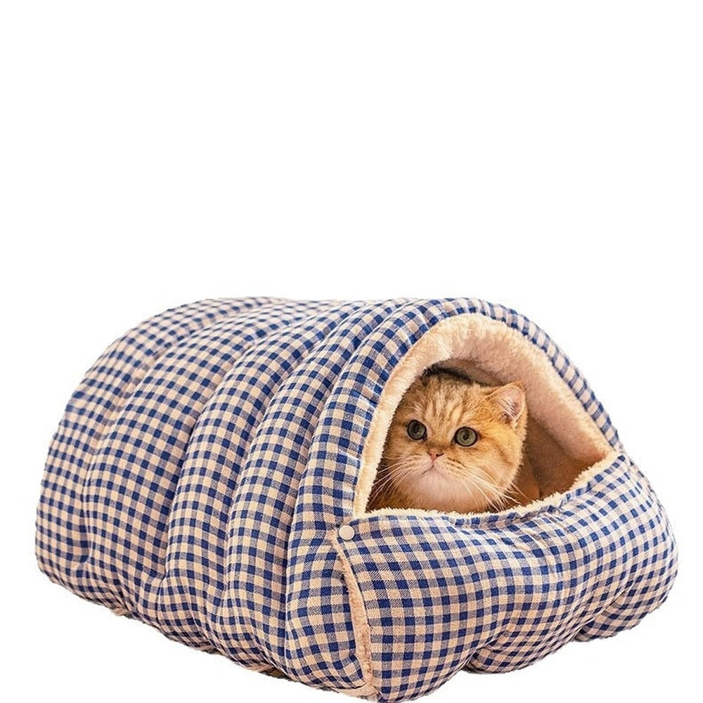 Blue plaid quilted cat cave