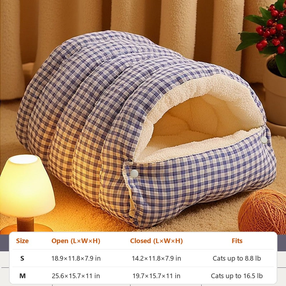 Blue plaid burrow cat bed with sizes