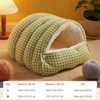 Green plaid burrow cat bed with sizes