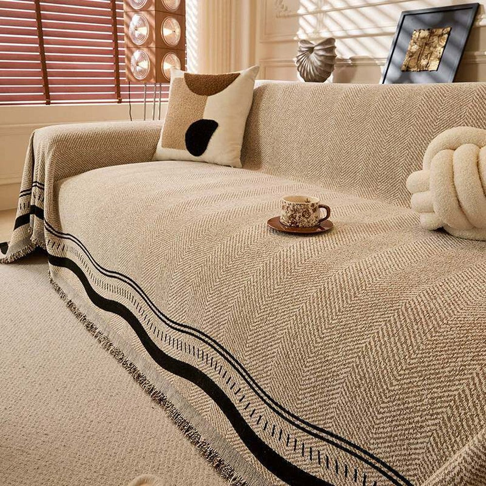 Herringbone Chenille Sofa Cover with Wave Border
