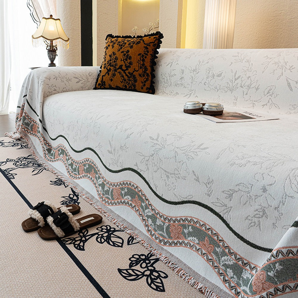 Herringbone Chenille Sofa Cover with Wave Border
