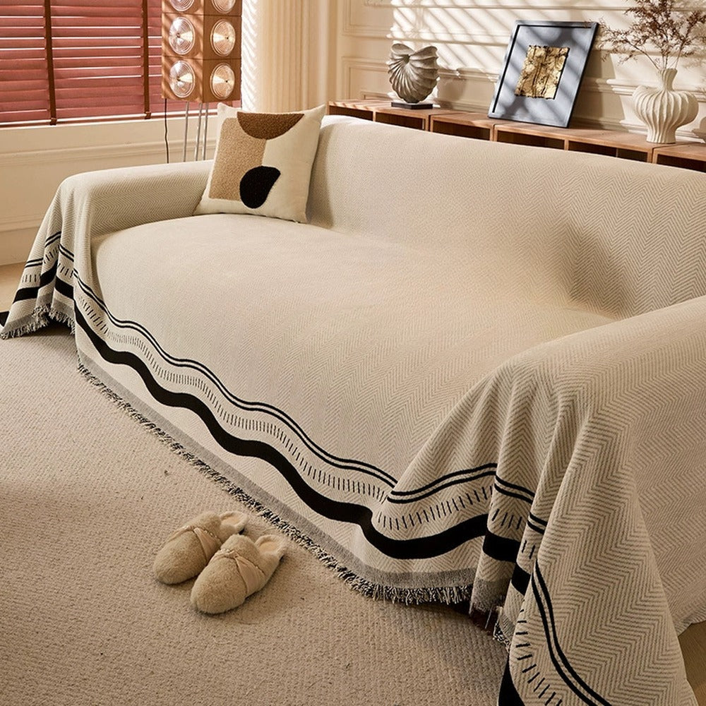 Herringbone Chenille Sofa Cover with Wave Border