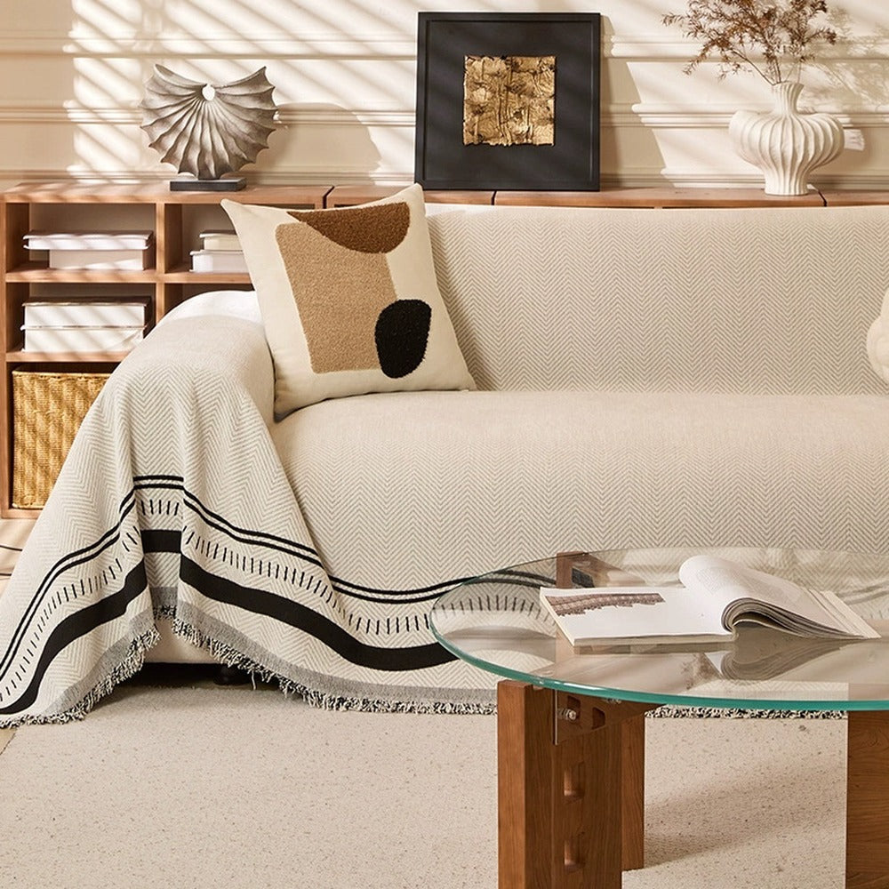 Herringbone Chenille Sofa Cover with Wave Border