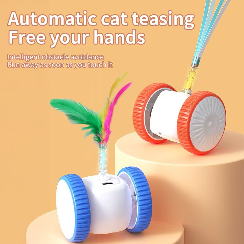 Automatic Two-Wheel Cat Car Toy with Feather Wand, Self-Righting Rechargeable Teaser
