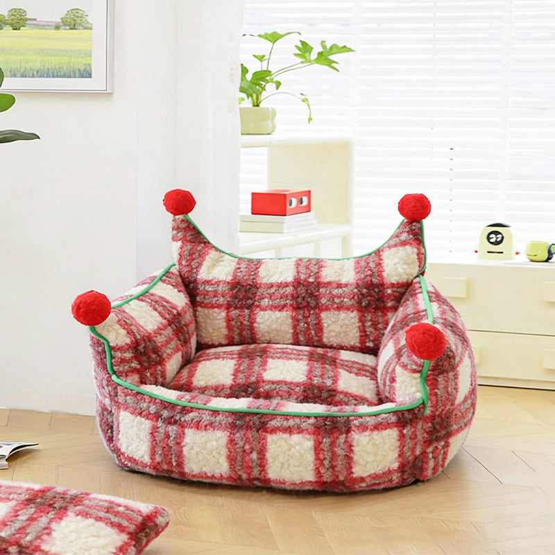Plaid Pom-Pom Cat Sofa Bed, Cozy Bolster Pet Couch for Cats & Small Dogs