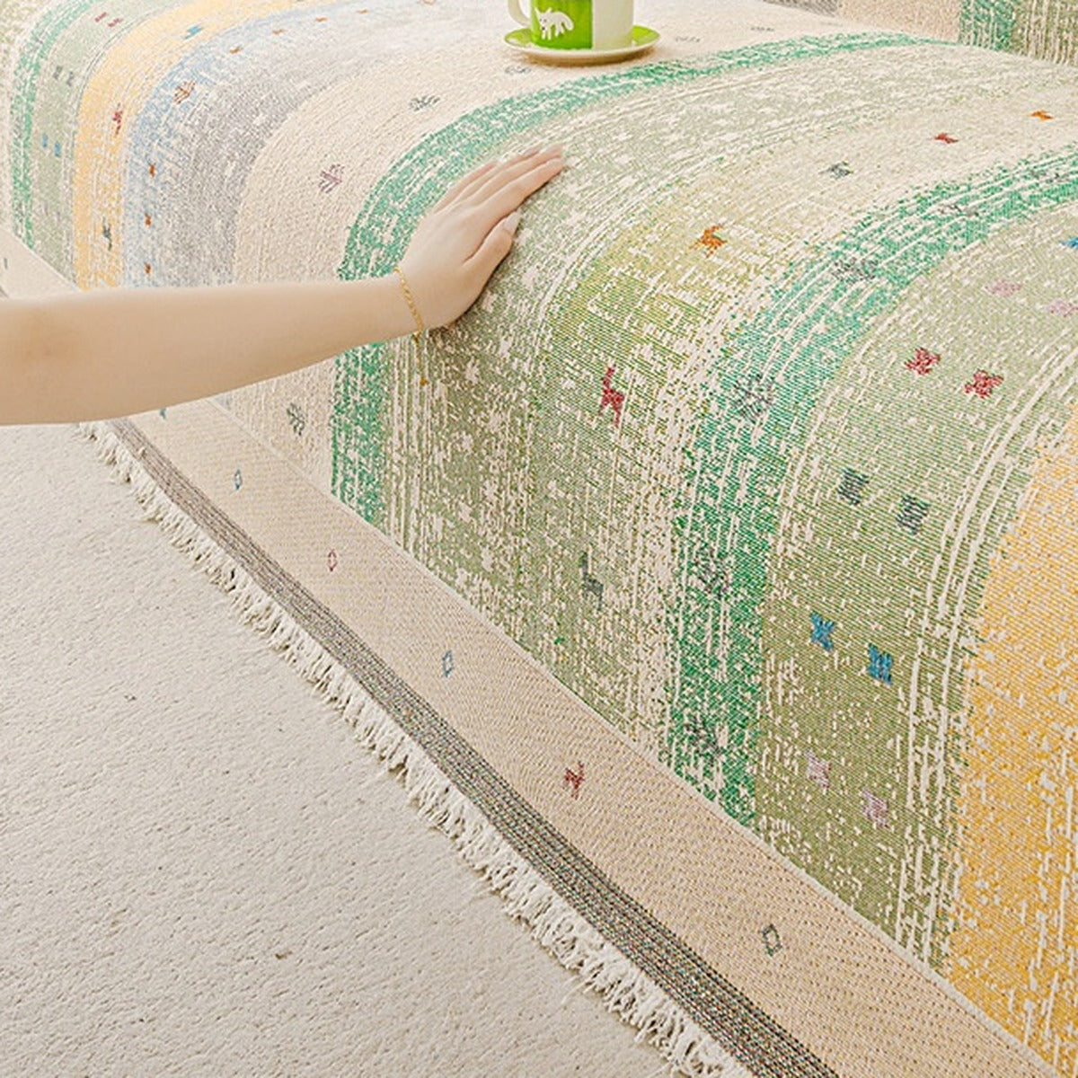 Soft chenille texture of the striped sofa cover