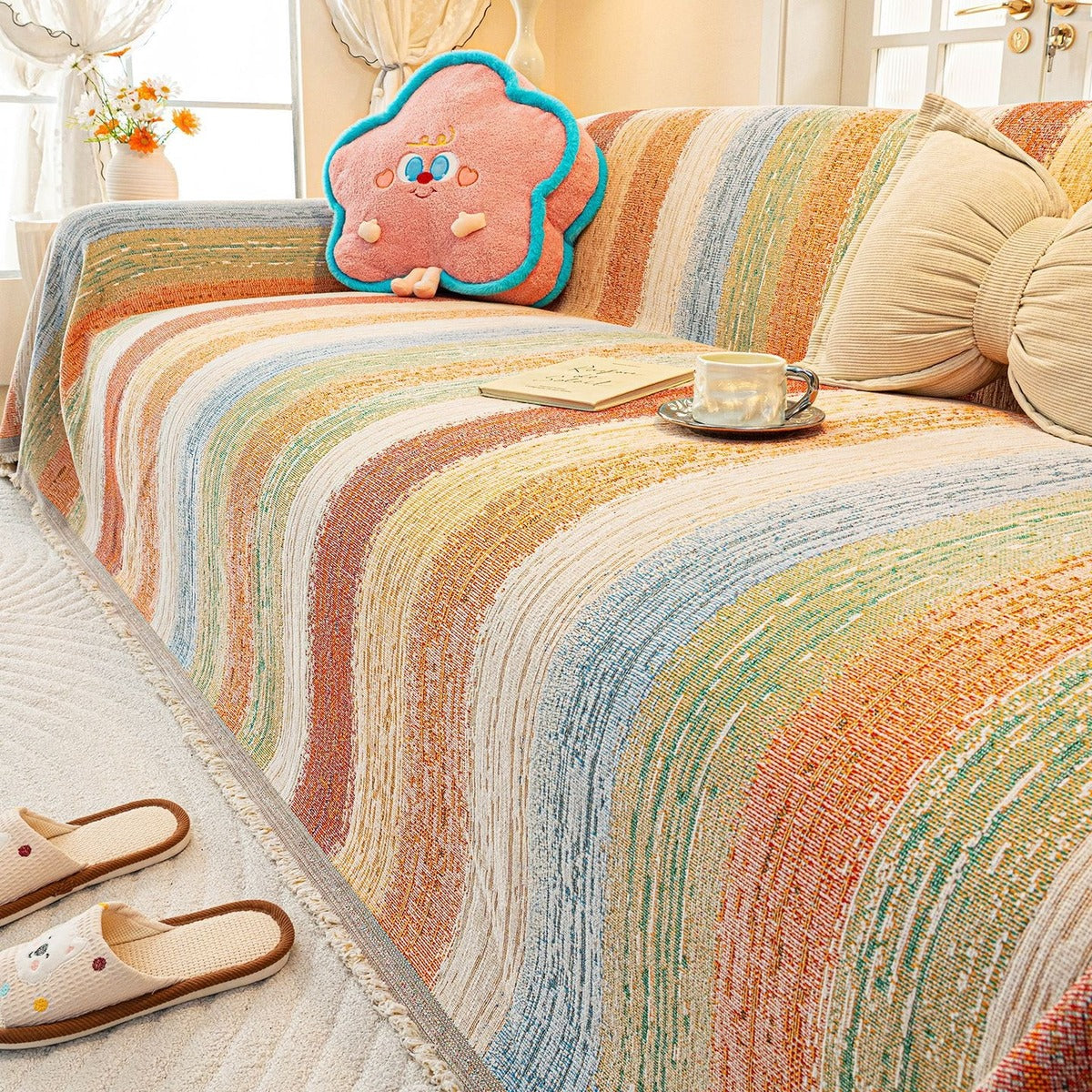 Rainbow striped chenille sofa cover