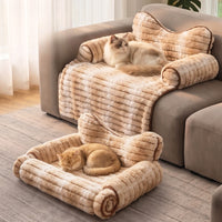 Ribbed Plush Couch Cover Pet Bed with Bow Pillow & Side Rolls