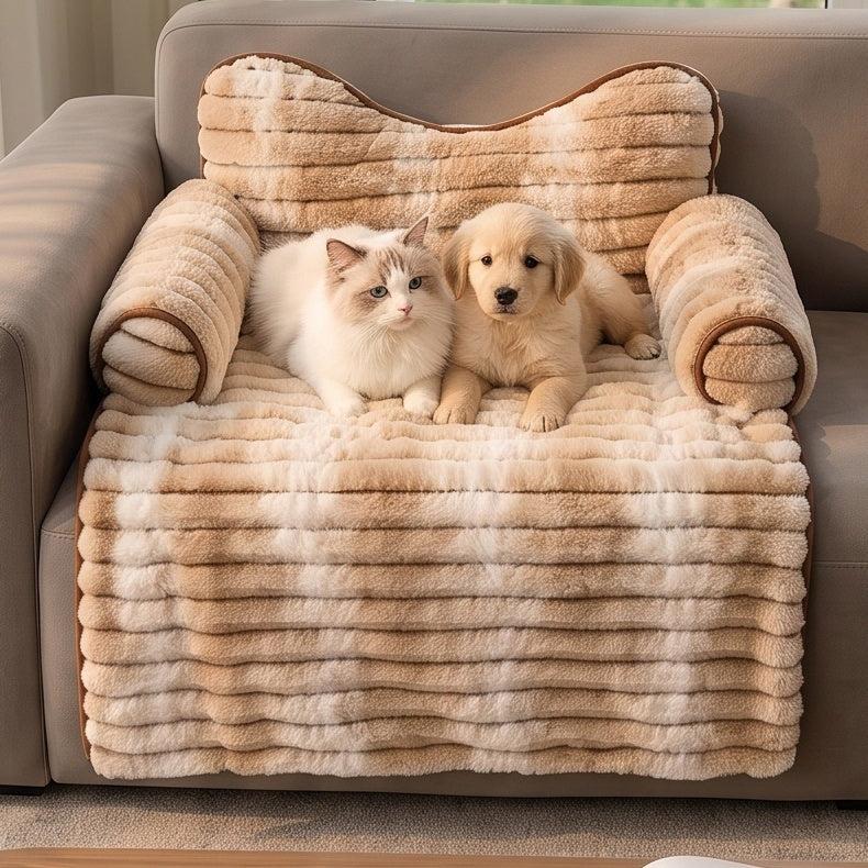 Ribbed Plush Couch Cover Pet Bed with Bow Pillow & Side Rolls