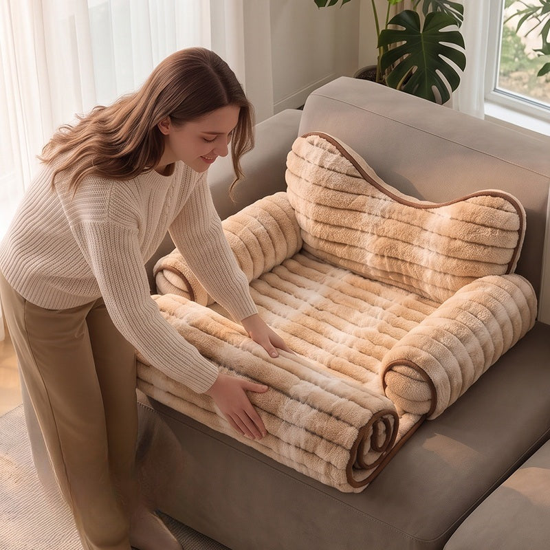Ribbed Plush Couch Cover Pet Bed with Bow Pillow & Side Rolls