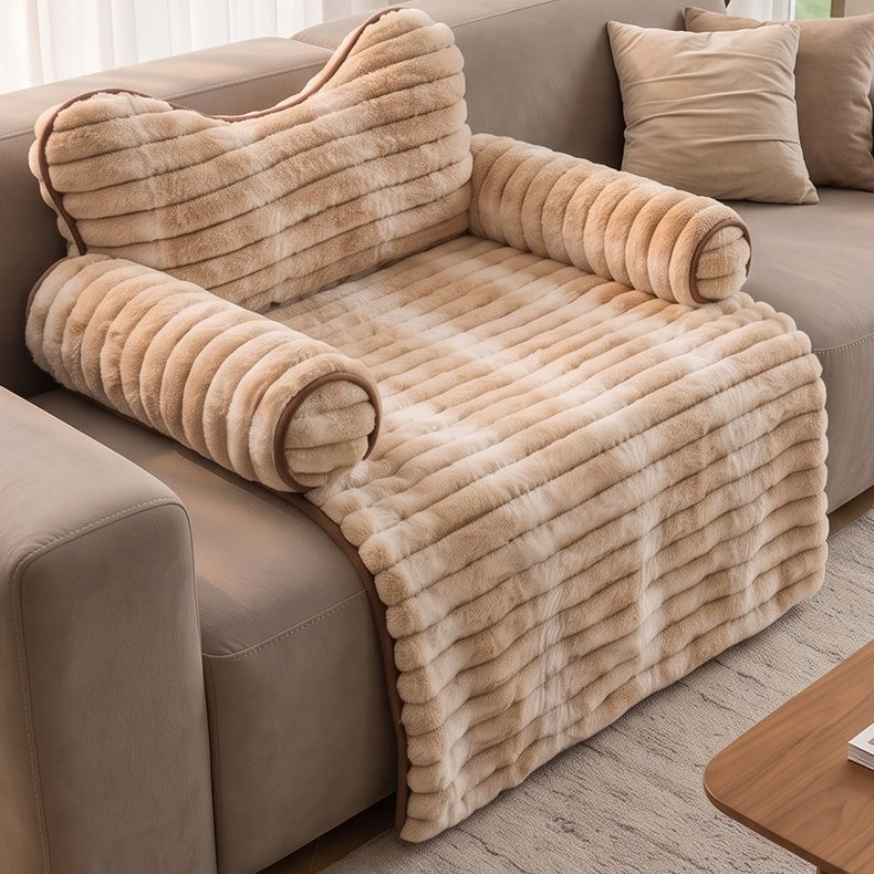 Ribbed Plush Couch Cover Pet Bed with Bow Pillow & Side Rolls