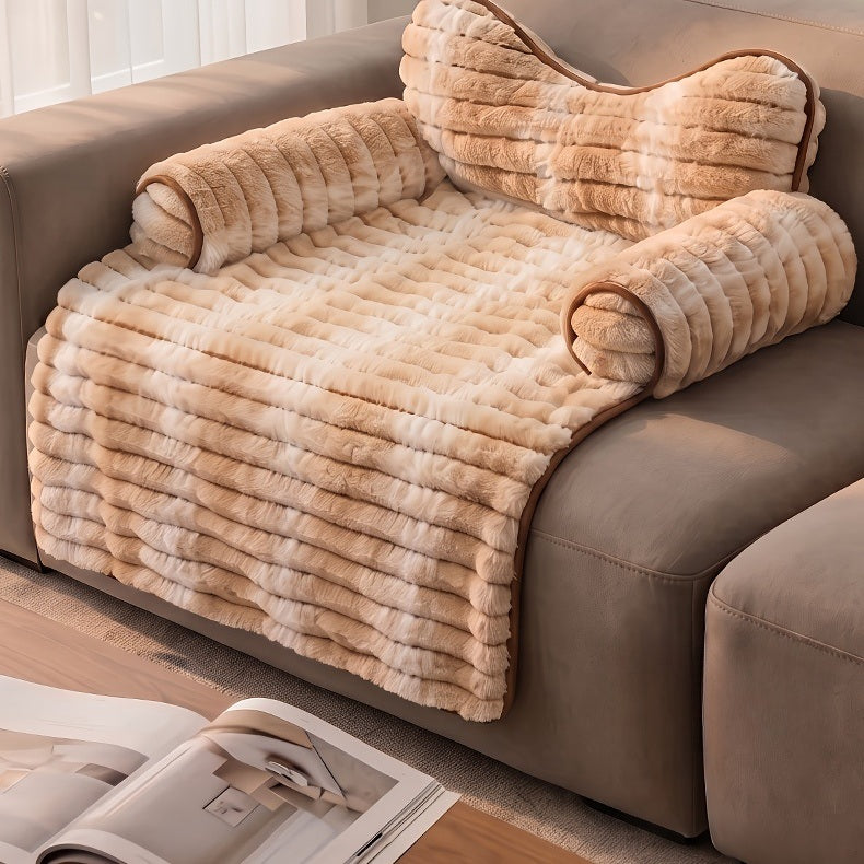 Ribbed Plush Couch Cover Pet Bed with Bow Pillow & Side Rolls