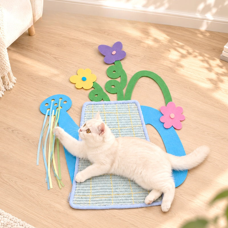 Flower Watering Can Cat Scratch Pad, Self-Adhesive Sisal Wall Scratcher with Ribbon Tassels