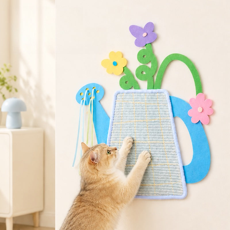 Flower Watering Can Cat Scratch Pad, Self-Adhesive Sisal Wall Scratcher with Ribbon Tassels
